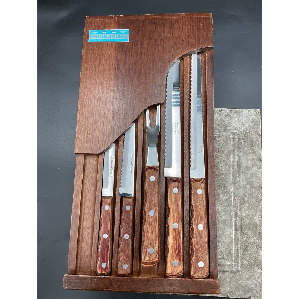 Vintage Forgecraft Washington Forge 5 Piece Knife Set with Wood Wall Block Japan